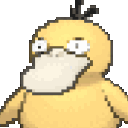 Psyduck holding its head in distress and then laughing in a four-frame pixel art sequence.