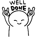 Stick figure with a happy face holding both hands up in a rock-on gesture with the text well done above its head.