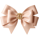 A glossy beige bow with a gold emblem in the center.