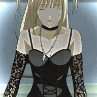 Misa Amane looking down with a somber expression in a gothic outfit.