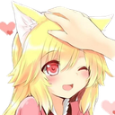 Anime girl with cat ears smiling and winking while receiving a gentle headpat from a hand with hearts in the background.