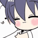 Cat boy with purple hair smiling and hugging a small white creature.