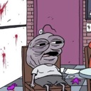 A gray, distorted character with a weary expression sitting slumped in a wooden chair.