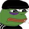Pepe the Frog wearing a black cap with a black eye and a cigarette in his mouth.