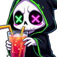 A chibi grim reaper with neon green and pink X-eyes holding and sipping a glass of juice.