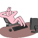 A pink character lounging in an office chair with feet on the desk while typing on a keyboard.