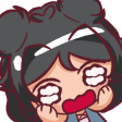 A cartoon girl with black hair crying profusely with large, stylized tears streaming down her face.