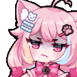 Anime cat girl with pink hair and cat ears looking grumpy while pulling out a kitchen knife.