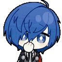 Makoto with blue hair giggling behind his hand in a cute chibi anime style.