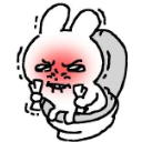 A white cartoon bunny with a red, strained face sitting on a toilet.