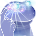 A blue frog tapping its temple with its finger while glowing light emanates from its head.