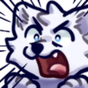 A white wolf with wide, frantic blue eyes and an open mouth expressing extreme shock or panic.