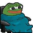 Pepe the Frog sitting in a chair while wrapped in a blue blanket.