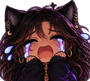 A crying anime girl with cat ears and glowing blue tears streaming down her face.