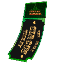 A dark green and black ticket with gold text reading Circus Secrets.
