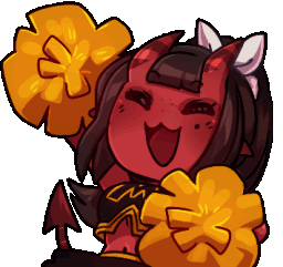 A cute red demon girl with horns cheering with yellow pom-poms in a pixel art style.
