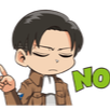 Levi Ackerman in chibi form shaking his finger with a dismissive expression and the word NO.
