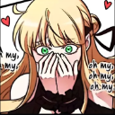 Anime girl with blonde hair covering her mouth in shock with small red hearts floating around her.