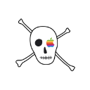 A white skull and crossbones with a retro rainbow Apple logo replacing one eye.
