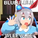Anime girl with bunny ears squishing her face against glass with the text BLULULULU WLEEWLEE.