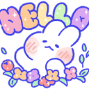 A white bunny with pink cheeks surrounded by flowers and sparkles, with the word HELLO written above it in pastel bubble let…