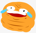 A round orange blob character with a wide red grin and bright blue tears streaming down its cheeks.