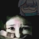 A distorted human face looking upward with a smug anime character hovering above in the dark.