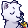 A white fox with closed eyes calmly sipping from a yellow juice box with a straw.