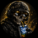 A skeleton wearing a tactical helmet and sunglasses drinks a Capri Sun.