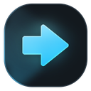 A glowing blue arrow pointing to the right inside a rounded dark square.