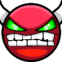 A red, angry Geometry Dash demon face with glowing green eyes and bared teeth.