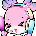 A pink axolotl character with headphones excitedly waving two glowing lightsticks.