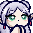 Frieren with long white hair and green eyes clapping her hands together with a gentle smile.