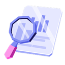Magnifying glass hovering over a document with a bar chart.
