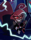 Velvette from Hazbin Hotel grinning mischievously with red eyes and dark hair.
