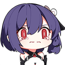 Buzenbo from Aether Gazer with purple hair and red eyes, crying with tears streaming down her face.