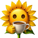 Sunflower with a smiling face holding a white coffee mug.