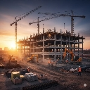 Construction site with cranes silhouetted against a bright orange sunset.