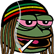 Pepe the Frog wearing a rasta beanie and dreadlocks with red eyes while smoking a cigarette.