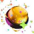 A shiny golden button surrounded by colorful confetti and sparkling effects.