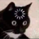 Black cat with wide eyes and a white computer loading icon on its forehead.
