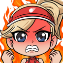 Mercy from Overwatch with a chibi face showing an angry expression and clenched fists surrounded by flames.