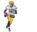 Aaron Rodgers throwing a football in his green and yellow uniform.