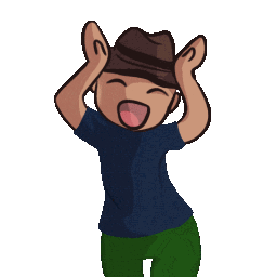 A cartoon character wearing a cowboy hat dancing joyfully with arms raised.