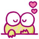 Keroppi the frog peeking over a ledge with a shy expression and pink hearts floating above his head.