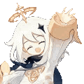 Paimon from Genshin Impact waving her hand with a happy expression.