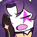 A stylized anime character with purple hair and a pink star on their face performing a dramatic facepalm.