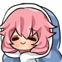 A pink-haired anime girl with a gentle smile wrapped in a blue blanket.