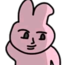 A pink cartoon rabbit with a smug, knowing smirk on its face.