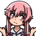 Yuno Gasai with pink hair performing a shrug gesture with a confused expression.